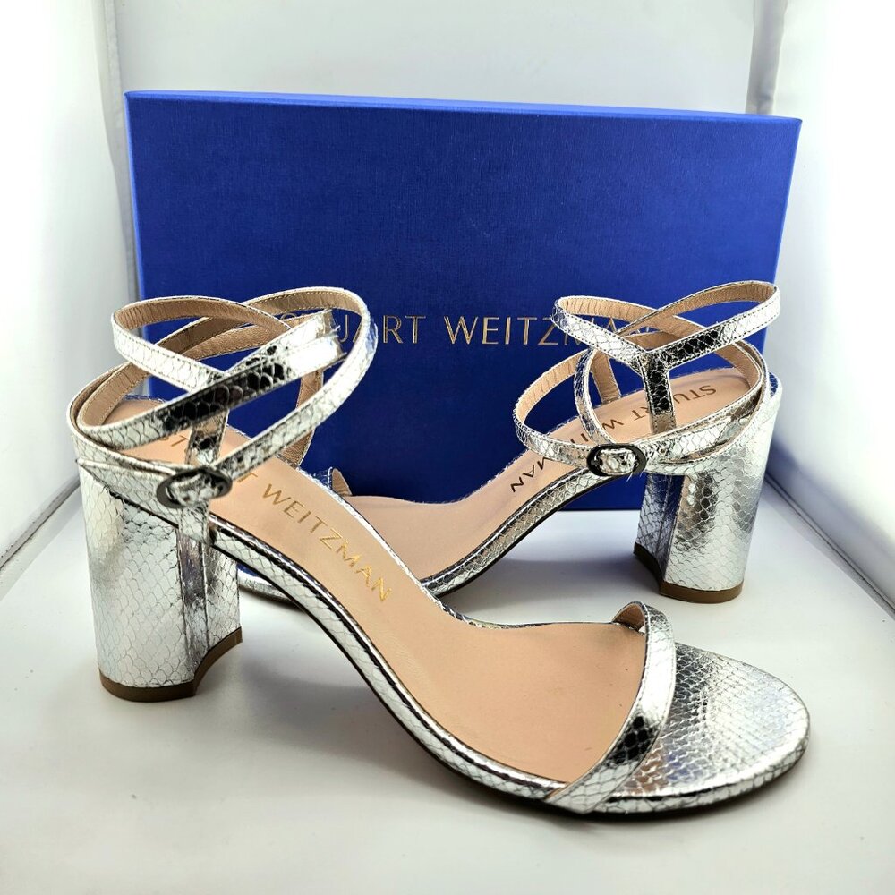 Stuart Weitzman Metallic Snakeskin Block Heel Sandal Size 9.5 Silver Ankle Wrap